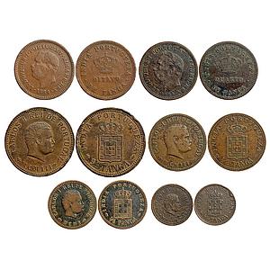 Indo Portuguese Ludwig Copper 1/4 de tanga & Carlos I Set of 6 coins complete set of Coppe
