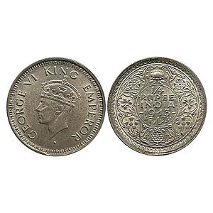 British India George VI 1943 AD Bombay Mint Half Silver 1/4 Rupee