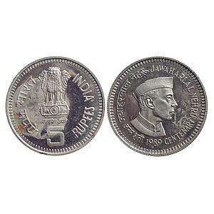 Republic India Jawaharlal Nehru 1989 AD Mule Cupro-Nickel Rupees 5