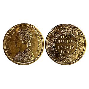 British India Victoria Empress 1881 AD V in Jabot Gold Mohur Ex-mount