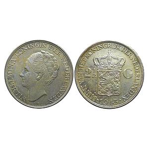 Netherlands East Indies Indonesia Wilhelmina 1943 AD Silver 2½ Gulden Silver (.720) (Coppe