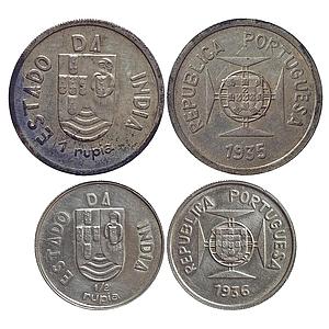 Indo Portuguese 1935 AD 1936 AD Set of 2 coins Silver Rupia & 1/2 Rupia