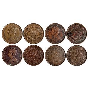 British India Victoria Empress 1893 1894 1895 and 1897 AD Set of 4 Coins Copper 1/4 Anna