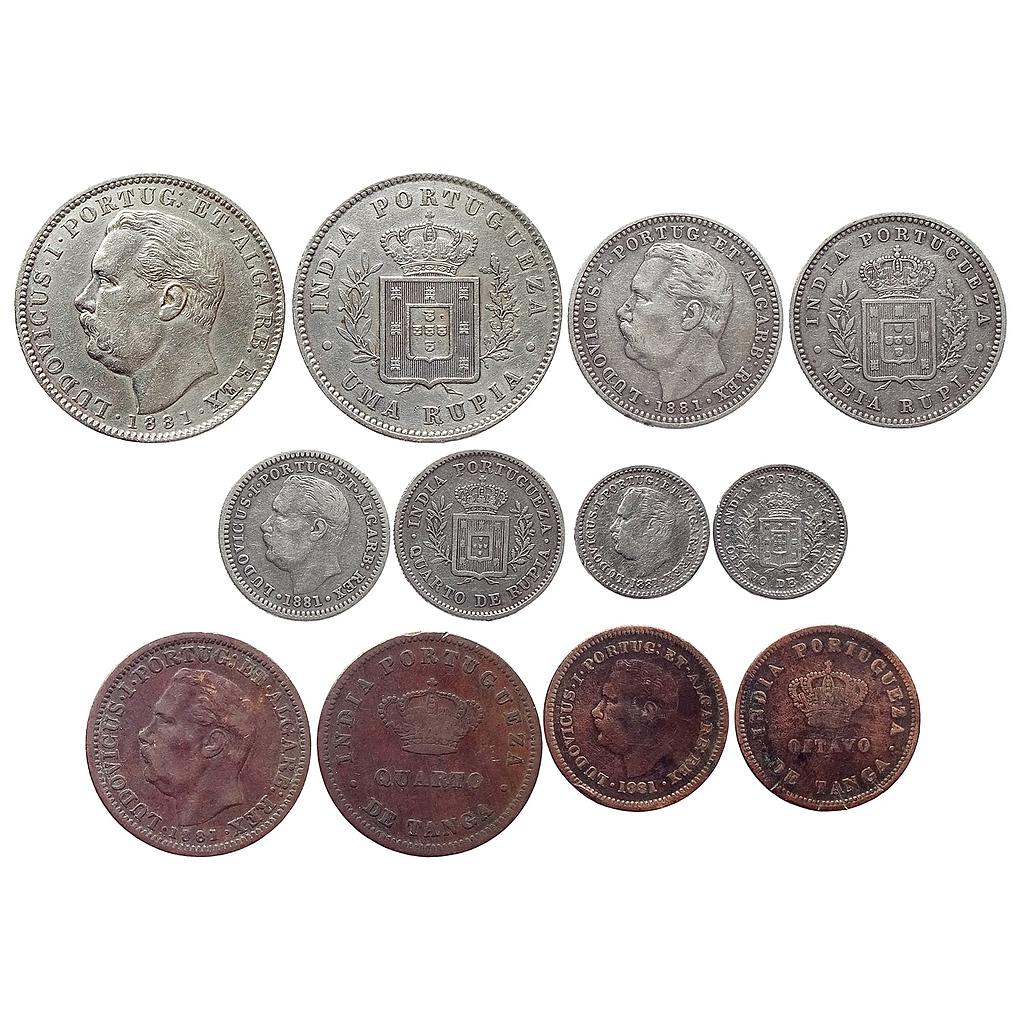 Indo Portuguese Goa Luis I Ludwig Set of 6 Coins Silver Rupia 1/2 Rupia 1/4 Rupia 1/8 Rupia Copper 1/4 Tanga 1/8 Tanga