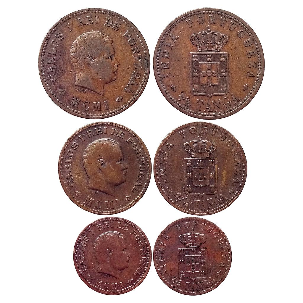 Indo Portuguese Carlos I Set of 3 coins Copper 1/2 Tanga 1/4 Tanga 1/8 Tanga