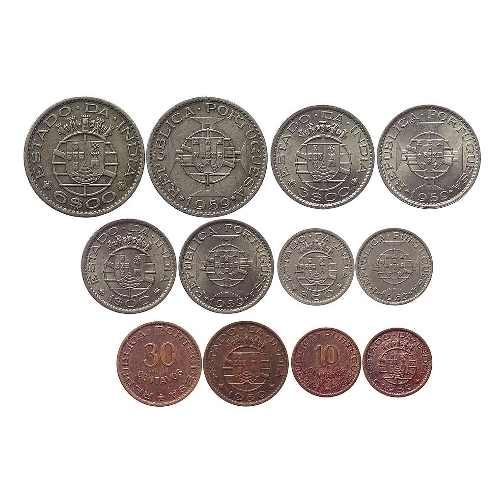 Indo Portuguese Goa Colonial Issue Set of 6 Coins Cupro-Nickel 6 Escudos 3 Escudos Escudo and 60 Centavos Bronze 30 Centavos 10 Centavos