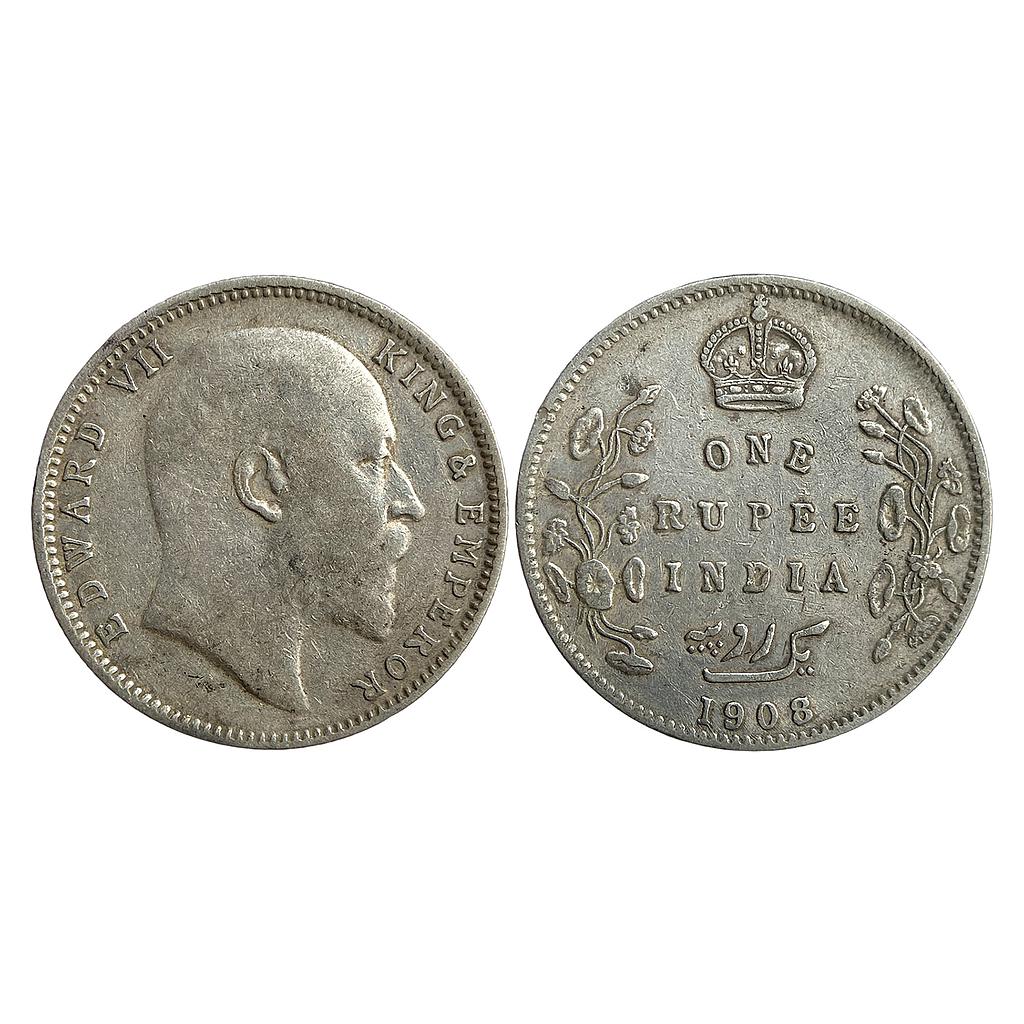 British India Edward VII 1908 AD Bombay Mint B incuse with dot on the vine and 8 over 7 in date Silver Rupee