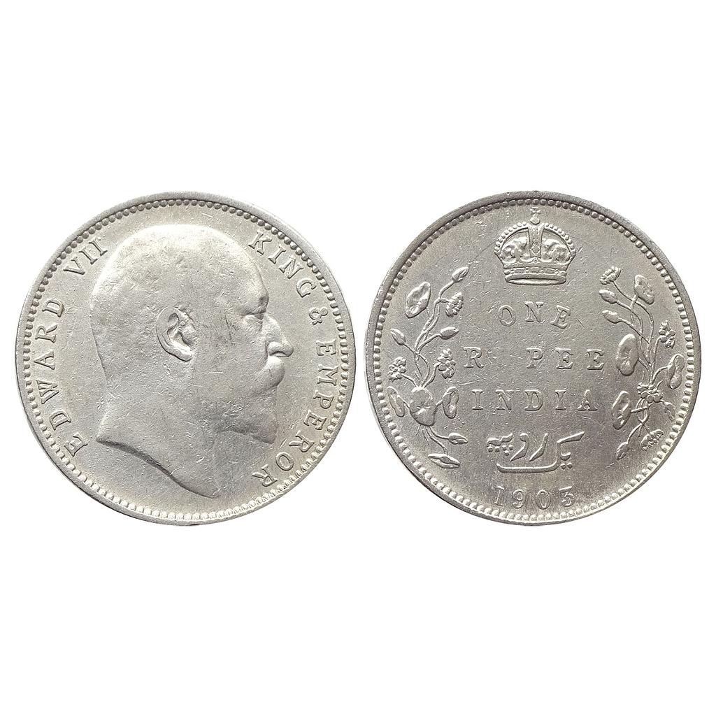 British India Edward VII 1903 AD Bombay Mint B raised below the cross pattee and without dot on the vine Silver Rupee
