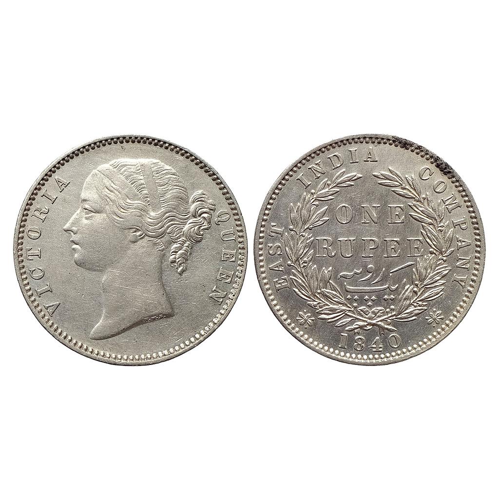 EIC Uniform Coinage Victoria Queen 1840 AD Madras Mint divided legend WWB raised dot after B 28 Berries Silver Rupee