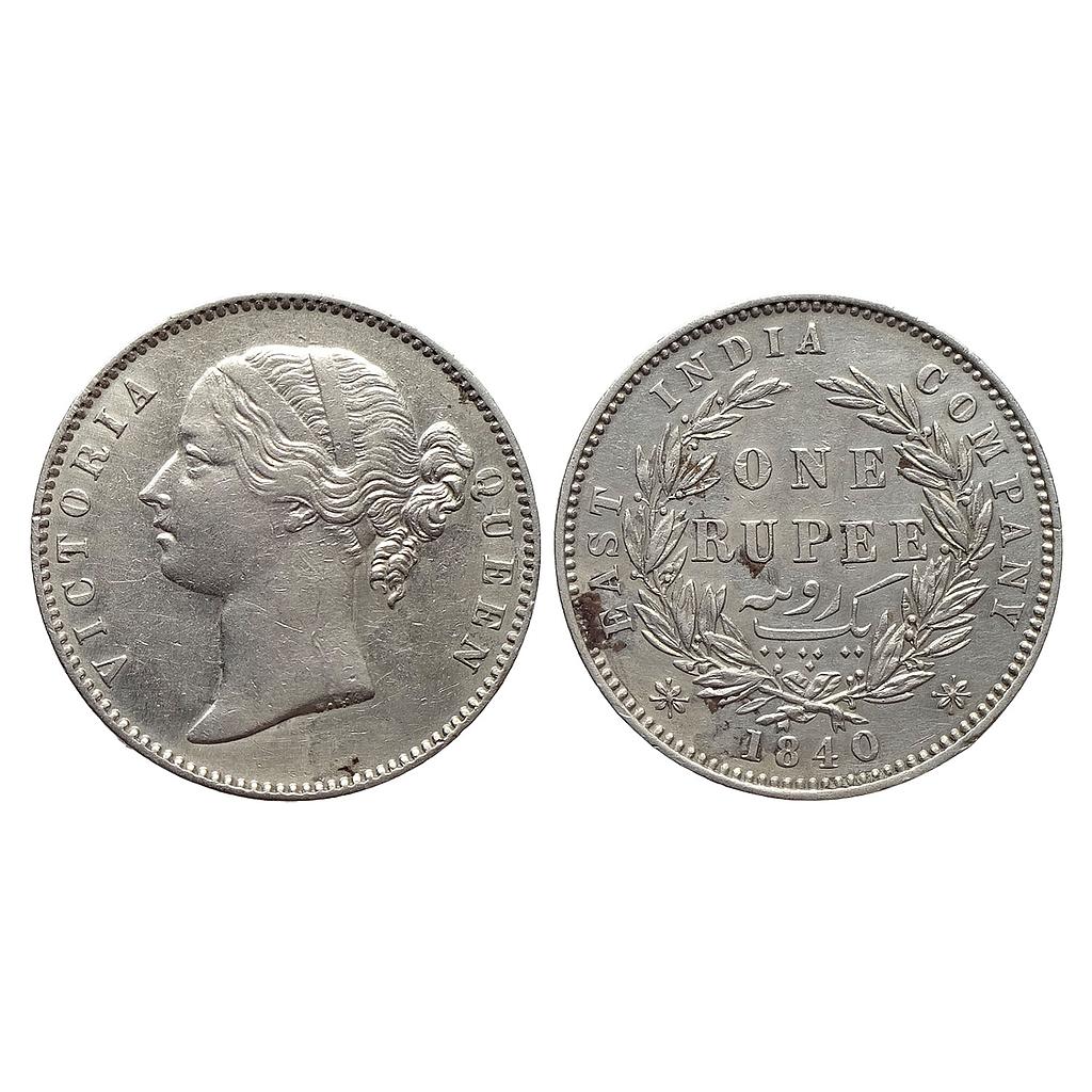 EIC Uniform Coinage Victoria Queen 1840 AD Madras Mint divided legend WWS raised 28 Berries round S Silver Rupee