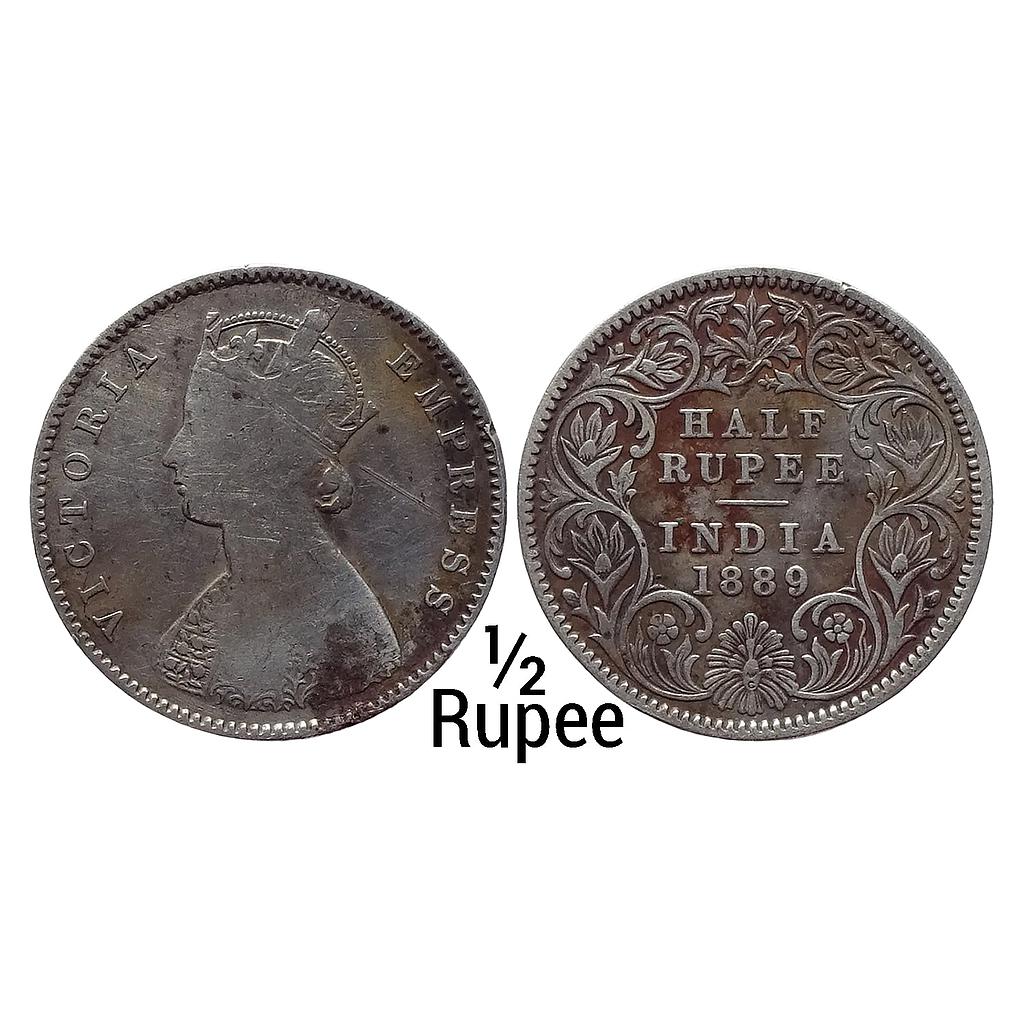 British India Victoria Empress 1889 AD Obv A Rev I C incuse Calcutta Mint Silver 1/2 Rupee