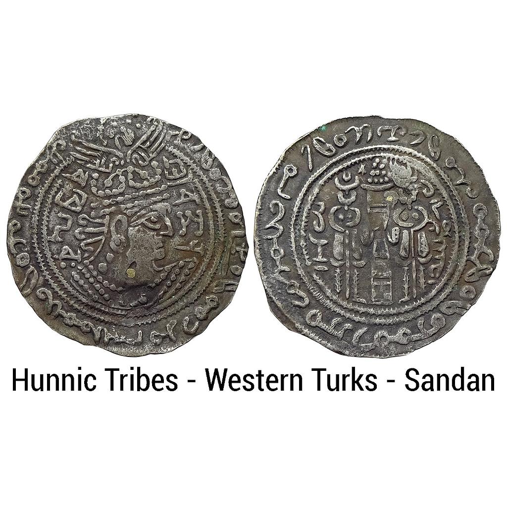 Ancient World Hunnic Tribes Western Turks Sandan Unknown / Uncertain Mint in Bactria Silver Drachm