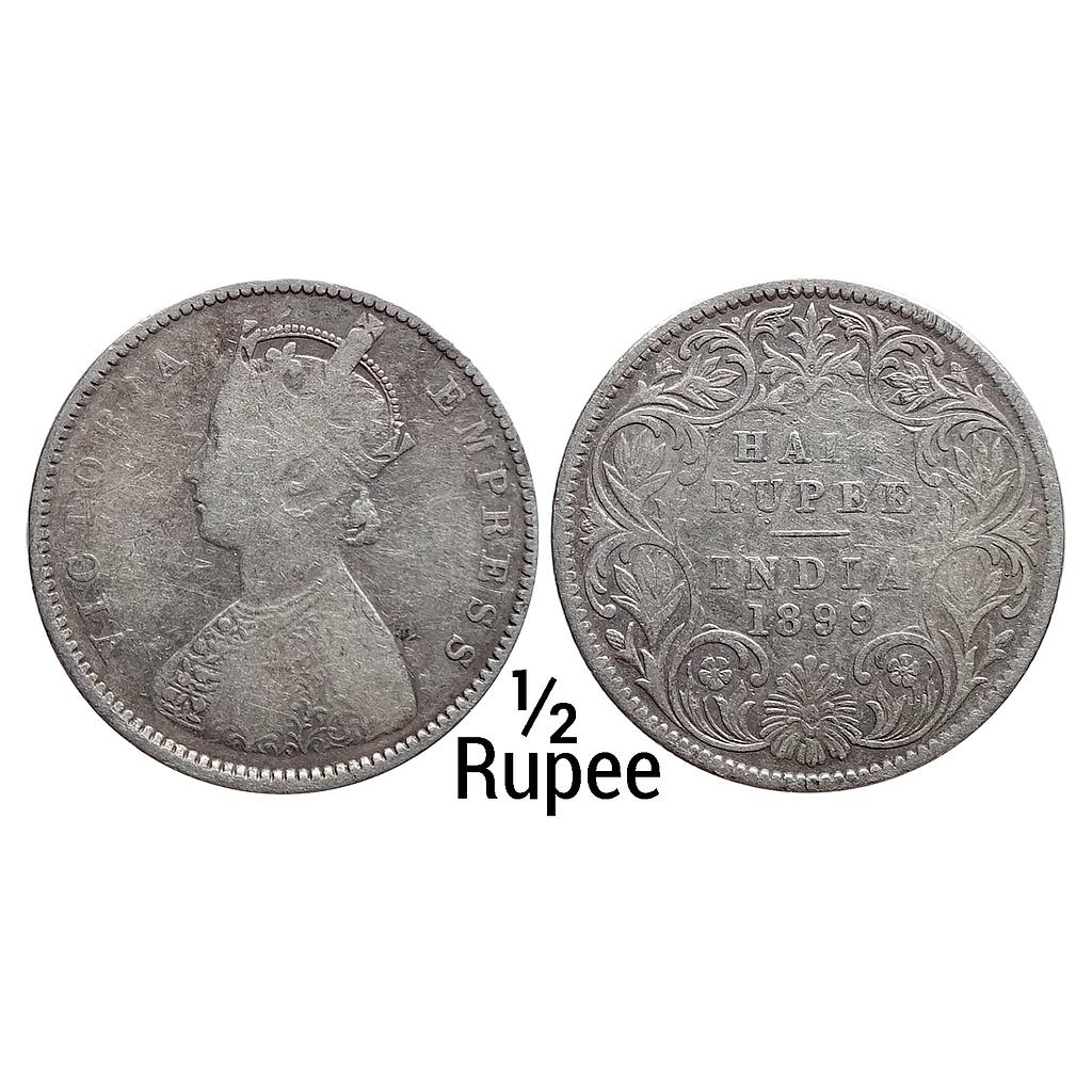 British India Victoria Empress 1899 AD Obv. A Rev. I B incuse Inverted B Bombay Mint Silver 1/2 Rupee