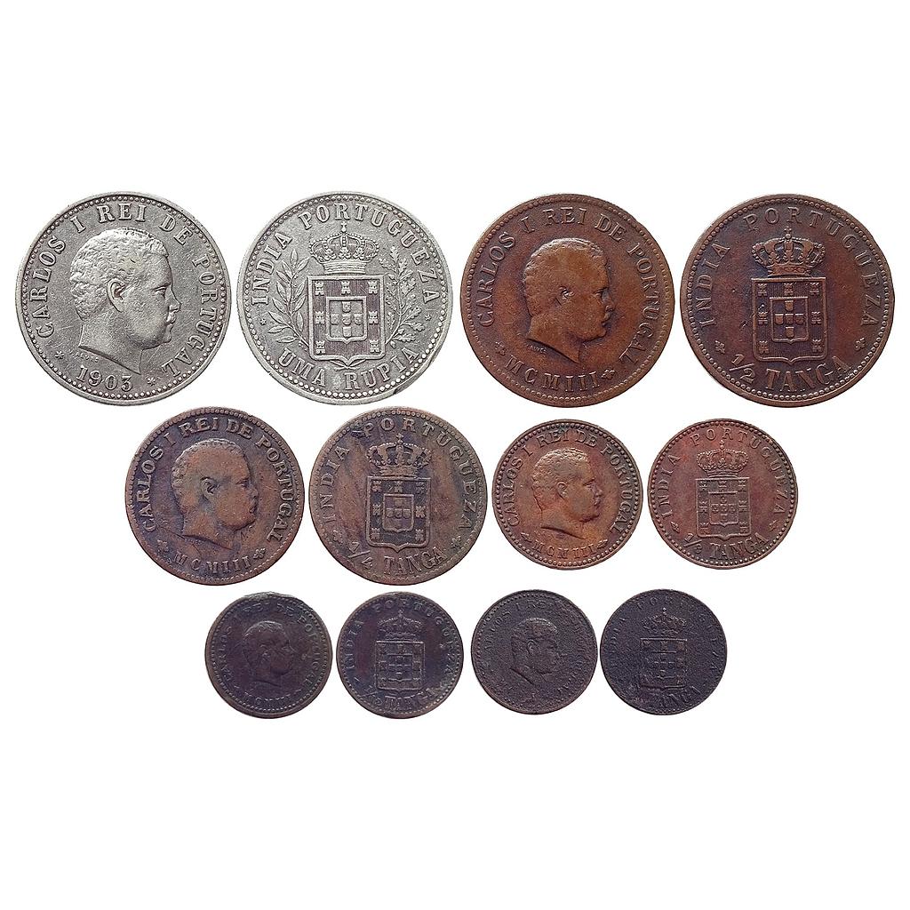 Indo Portuguese Carlos I Set of 6 Coins Silver Uma Rupia/Rupee Copper 1/2 Tanga 1/4 Tanga 1/8 Tanga 1/12 Tanga 1/12 Tanga