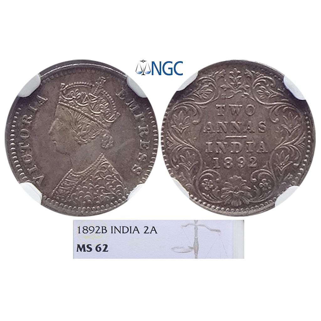 British India Victoria Empress 1892 AD Bombay Mint Silver 2 Annas