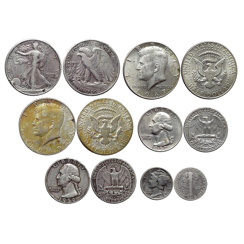 United States of America Set of 6 Coins Silver Half Dollar &amp; Quarter Dollar &amp; 1 Dime