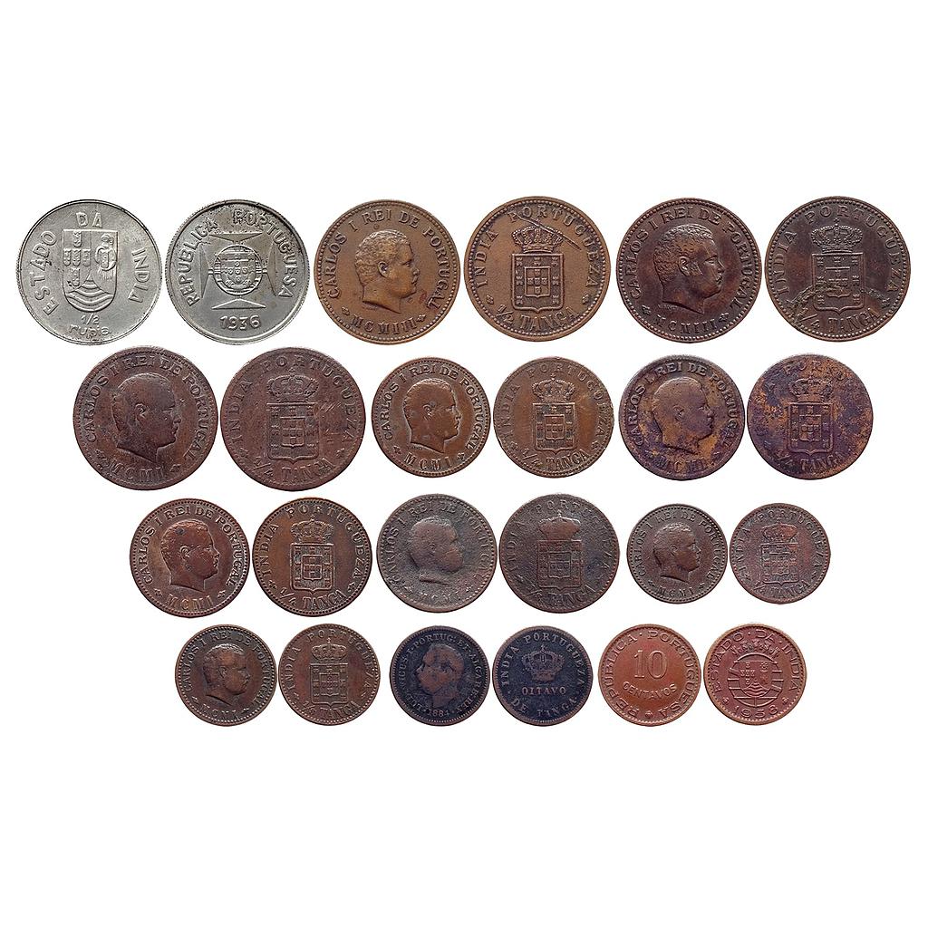 Indo Portuguese Colonial Issue Carlos I Luis I (Ludwig) Set of 12 Coins Silver 1/2 Rupia Copper 1/2 Tanga 1/4 Tanga 1/8 Tanga &amp; 10 Centavos
