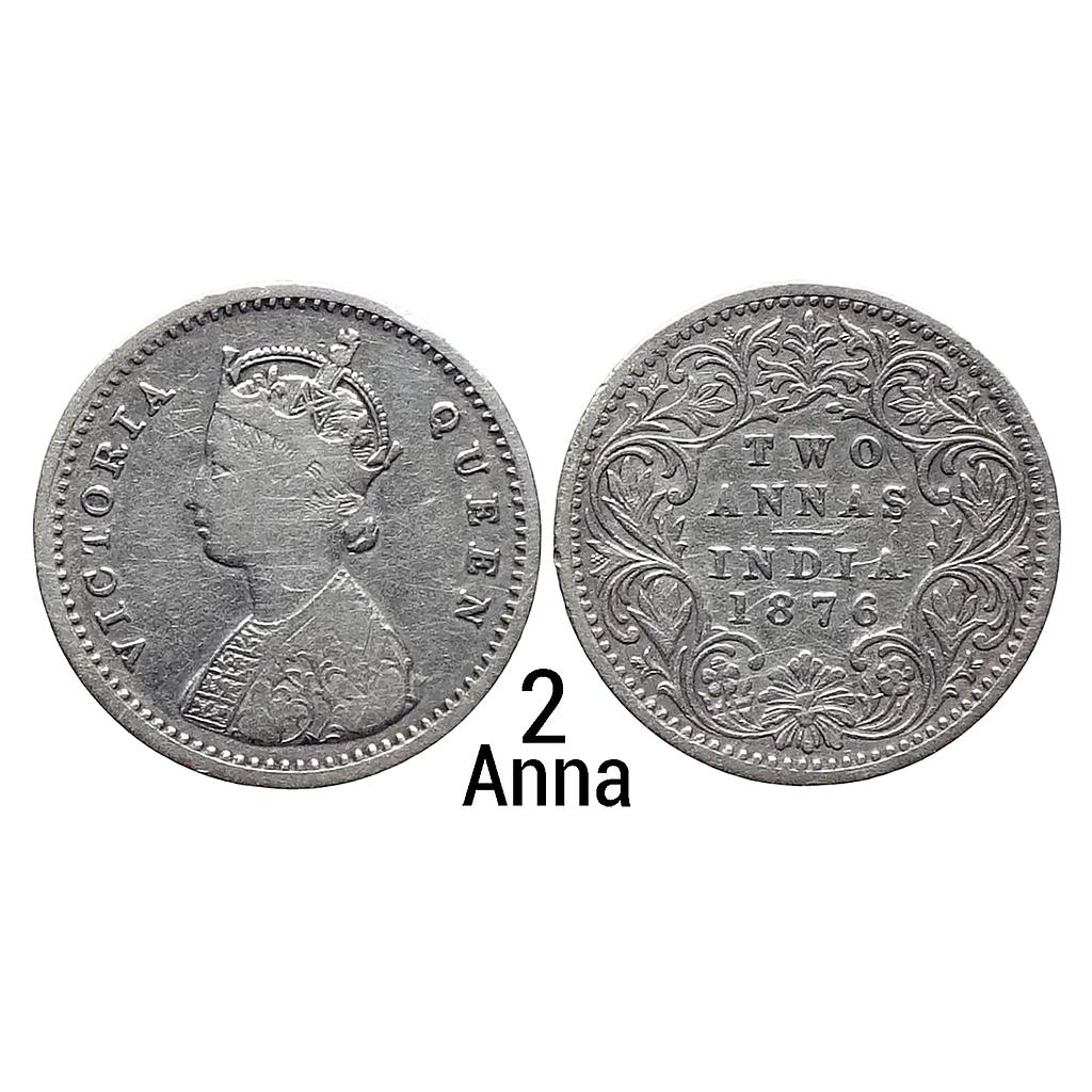 British India Victoria Queen 1876 AD Calcutta Mint A I No mint mark Silver 2 Annas