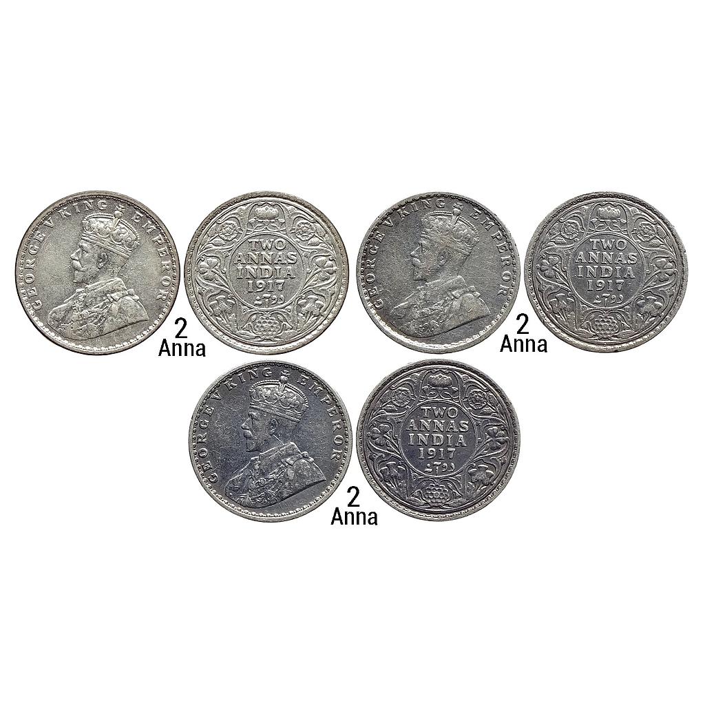 British India George V  1917 AD Set of 3 Coins Calcutta Mint Silver 2 Annas