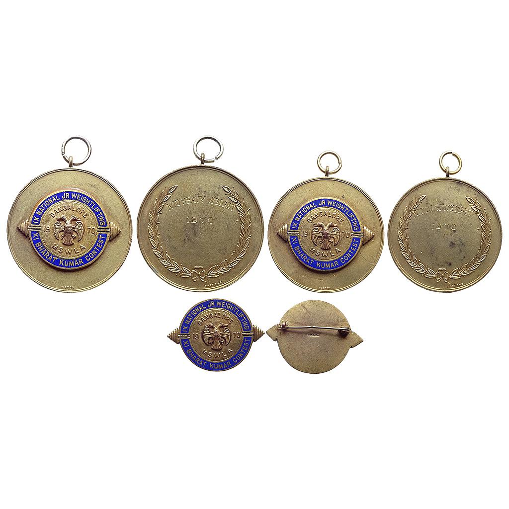 Bangalore 1970 MSWLA IX National JR WEIGHTLIFTING Bharat Kumar Contest Set of 3 Brass Badge
