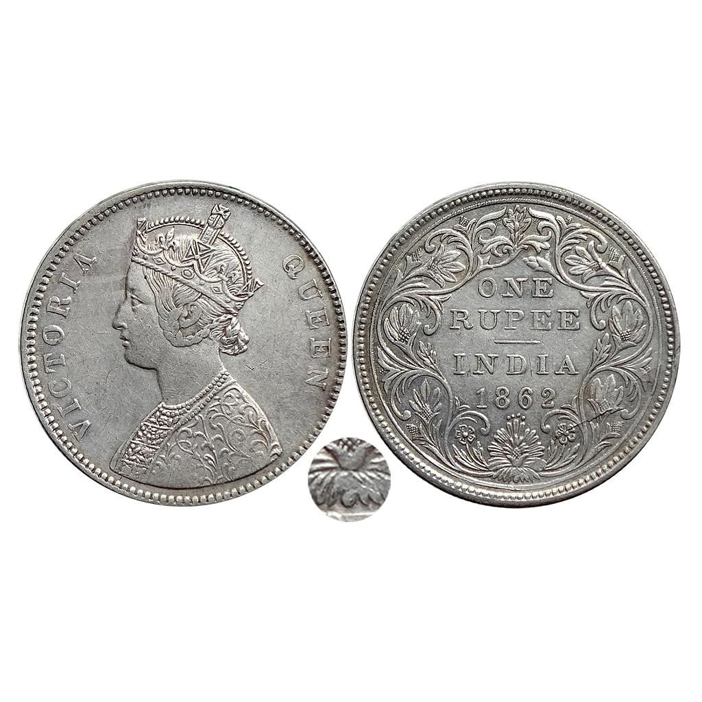 British India Victoria Queen 1862 AD A / II / 0 / 4  / 1 dots Bombay Mint Silver Rupee