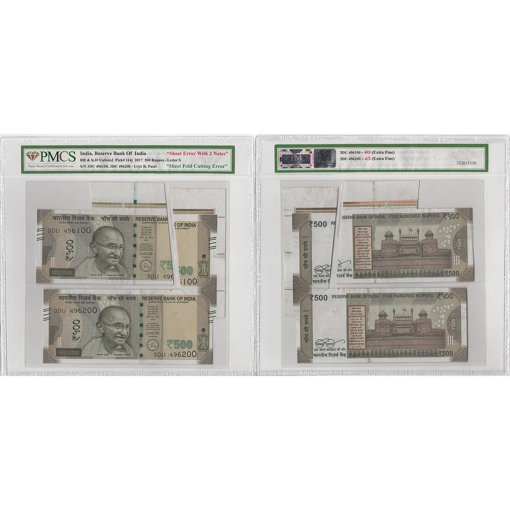 India Reserve Bank Of India 500 Rupees Sheet Fold Cutting Error Sheet Error With 2 Notes