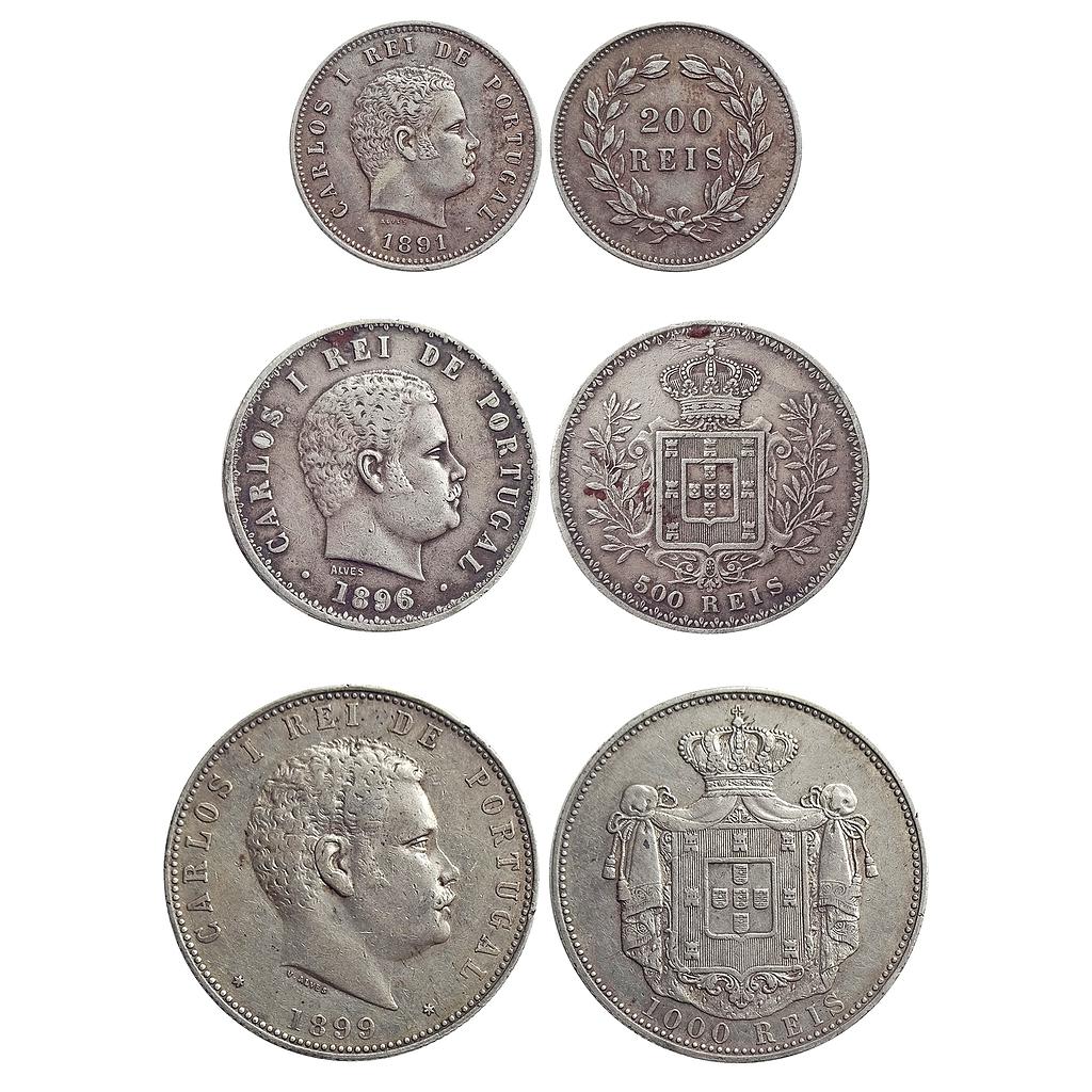 Portugal, Carlos I, Silver Reis, Set of 3 coins
