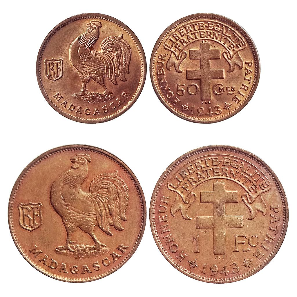 Madagascar, French Colony, Set of 2 coins, Copper
