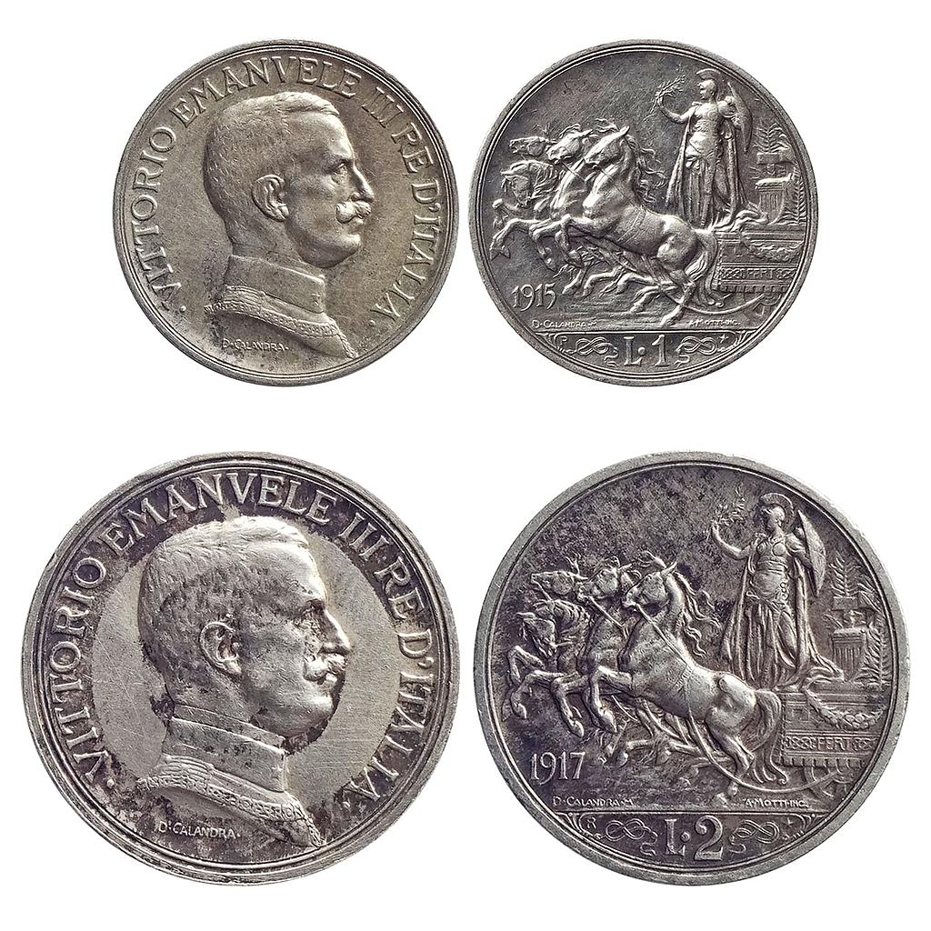 Italy, Vittorio Emanuele III (1900-1946), Silver 1 Lira &amp; 2 Lire, set of 2 coins