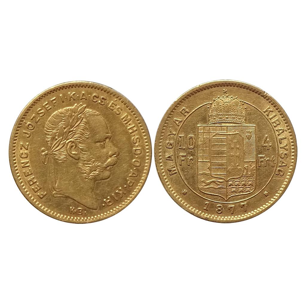 Francois Joseph Ier 1877 AD Gold 10 francs 4 forint