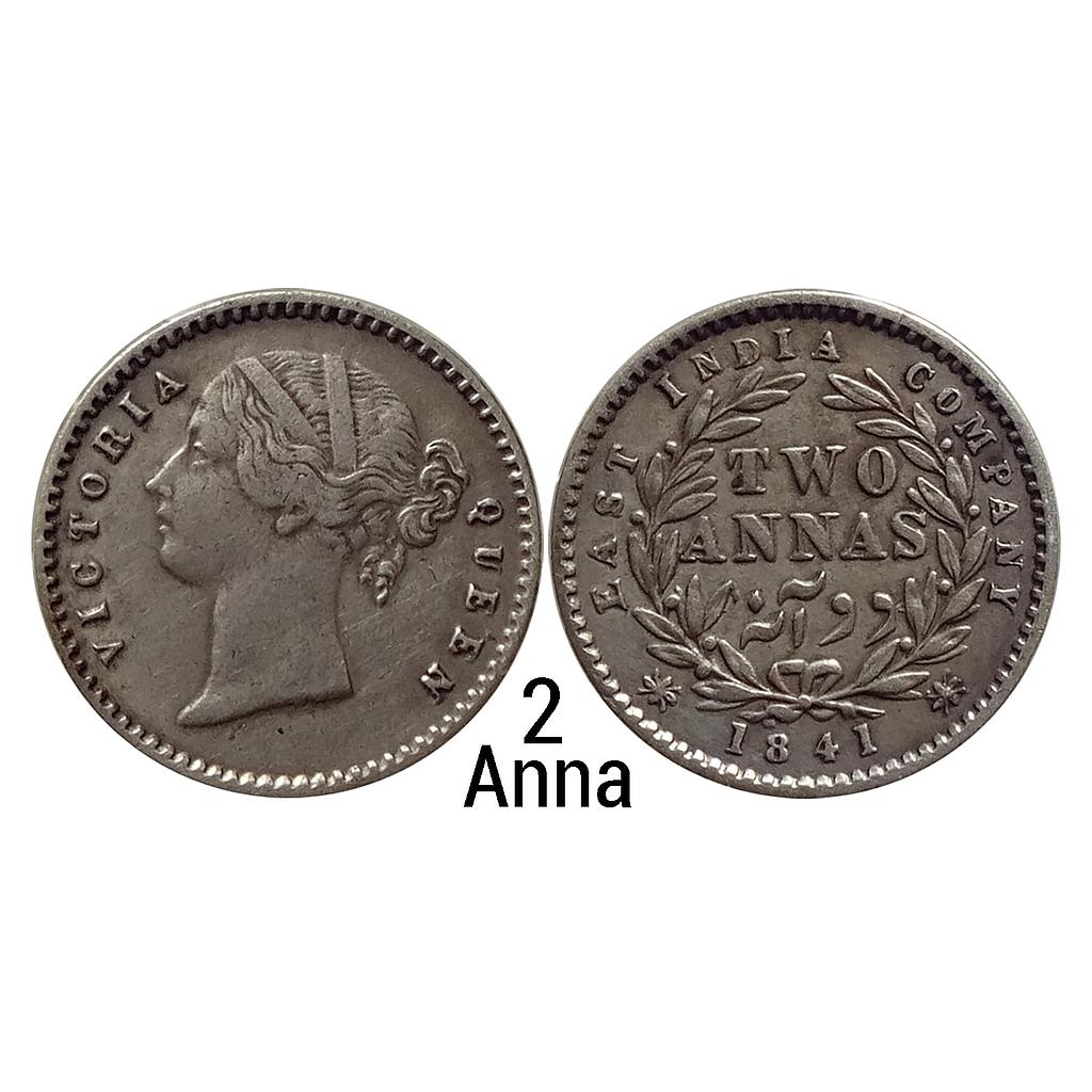 EIC Uniform Coinage Victoria Queen 1841 AD Divided Legend WW raised 9 Berries 5L+4R Silver 2 Annas