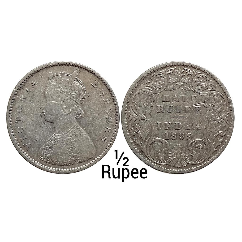British India Victoria Empress 1899 AD Bombay Mint Obv. A Rev I B incuse Inverted B Silver 1/2 Rupee