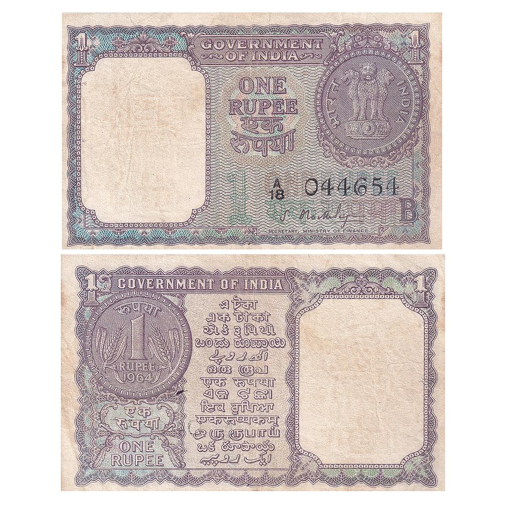 India Reserve Bank of India 1964 AD Prefix A/18 Serial 044654 1 Rupee