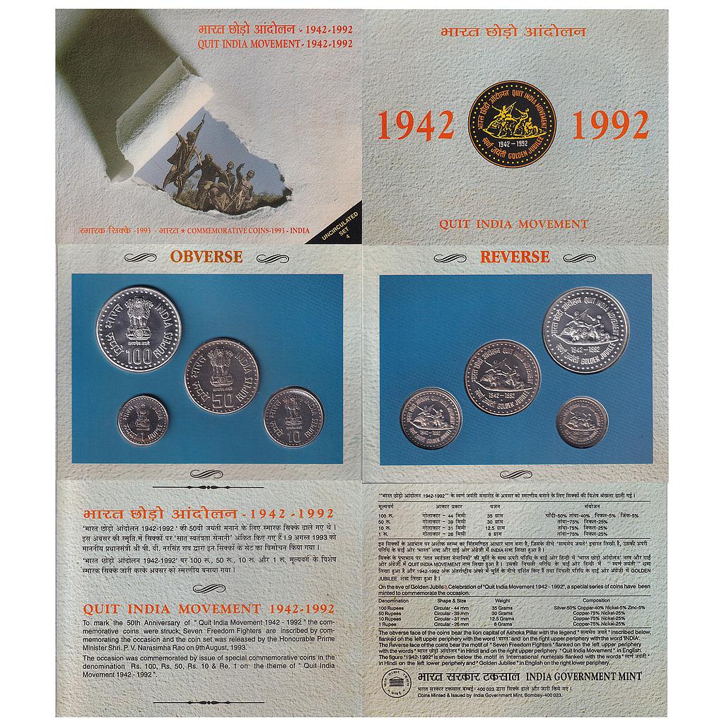Republic India 1993 AD Uncirculated Set Quit India Movement Set of 4 Rupee 100 50 10 and 1