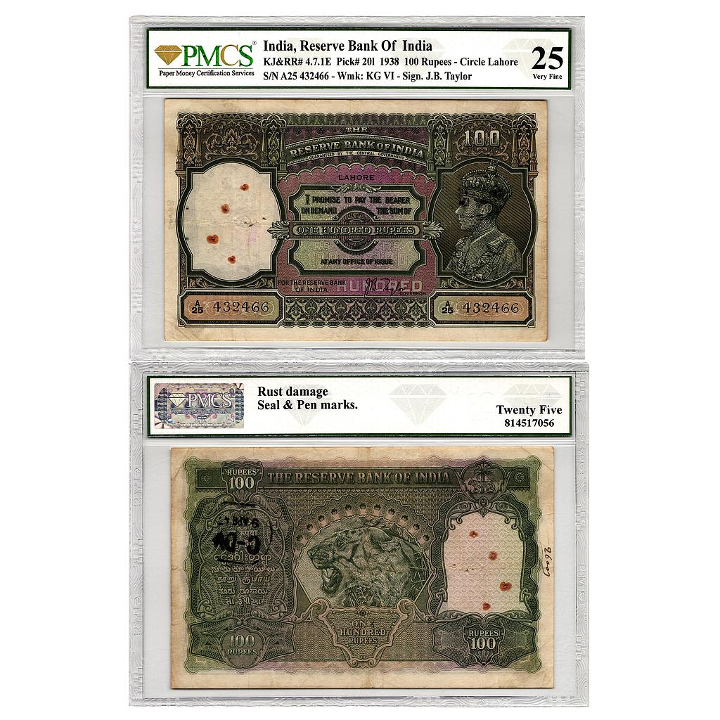 British India Reserve Bank of India George VI Lahore signed J.B. Taylor serial no A25 432466 100 Rupees
