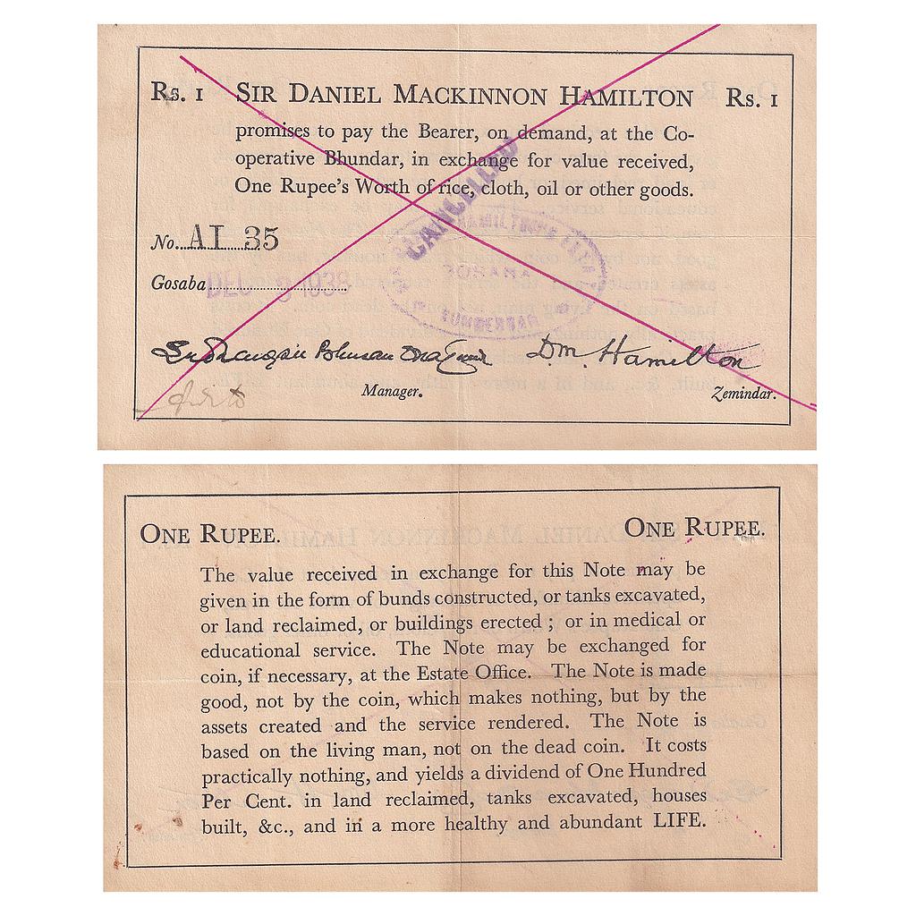 Sir Daniel Mackinnon Hamilton’s a private promissory note circulating in Bengal in the early 1900s Serial No. AT 35 1 Rupee