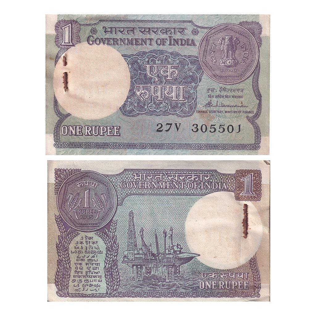 Republic of India full packet of 100 Notes signed by S. Venkitaramanan year 1985 without inset Serial No 27V 305501 to 305600 1 Rupee