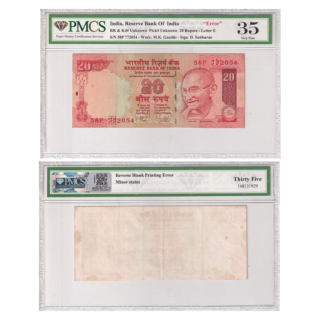 India Reserve Bank of India signed by D. Subbarao Error not printed on the reverse blank inset E serial no 58P 772054 20 Rupees