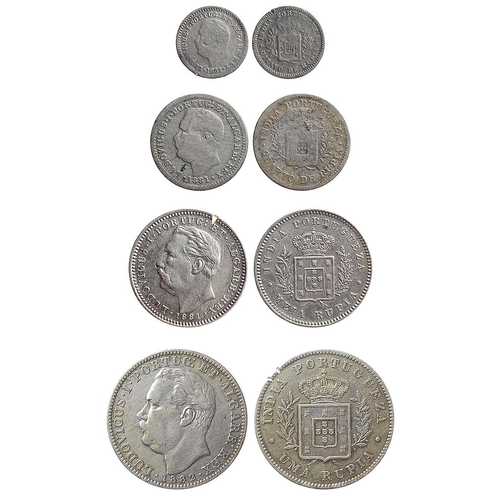 Indo Portuguese, Goa, Luis I (Ludwig), Set of 4, Silver ⅛, ¼, ½, Rupia