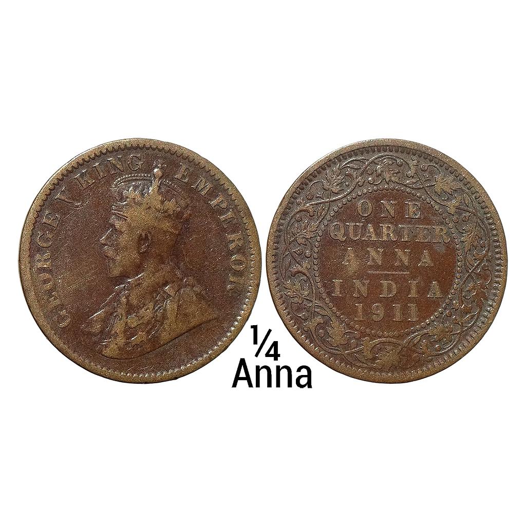 British India George V 1911 AD Copper 1/4 Anna