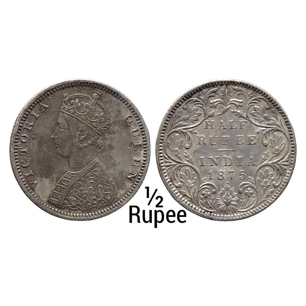 British India Victoria Queen 1875 AD Bombay Mint B1 / II / dot Silver 1/2 Rupee