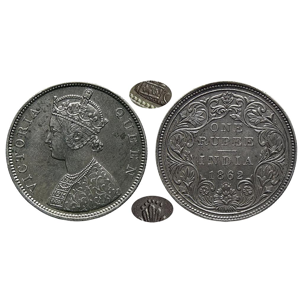 British India Victoria Queen 1862 AD Bombay Mint B / II / 0 / 6 Silver Rupee