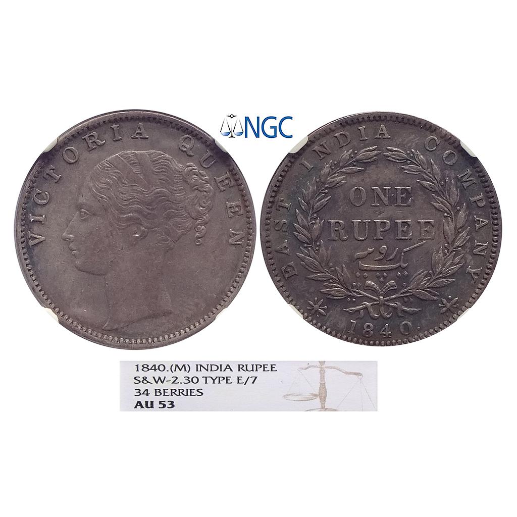 EIC Victoria Queen 1840 AD CL Madras Mint S incuse 34 Berries Silver Rupee