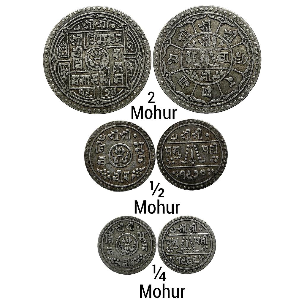 Nepal Tribhuvana Bir Bikram Set of 3 Coins Silver 2 Mohur 1/2 Mohur 1/4 Mohur
