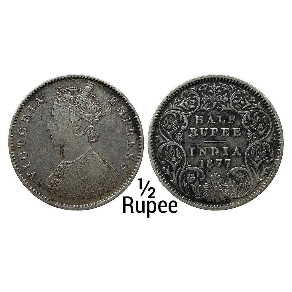British India Victoria Empress 1877 AD A / I No mint mark Calcutta Mint Silver 1/2 Rupee