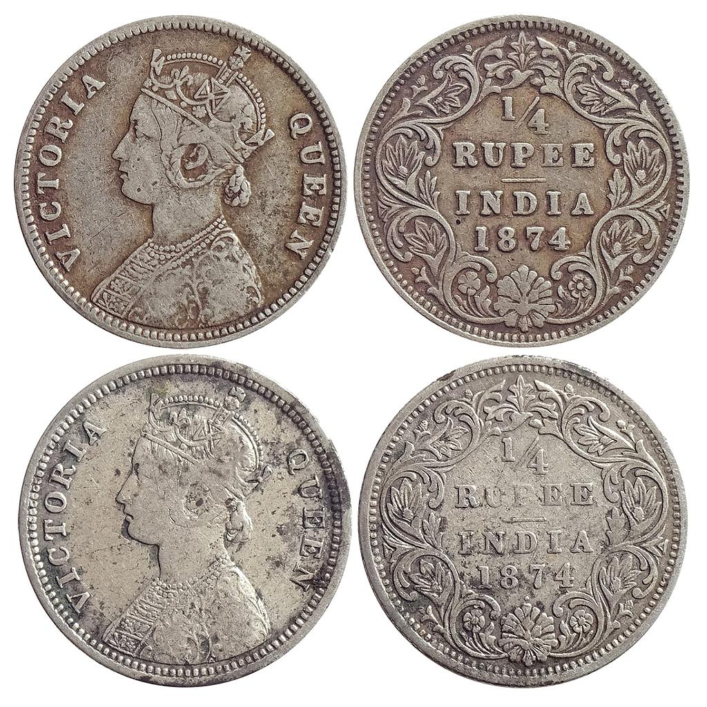 British India, Victoria Queen, 1874 AD, Calcutta Mint, A / I / No mint mark; Bombay Mint, A / I / dot, Silver &quot;1/4 Rupee&quot; (2 coins).