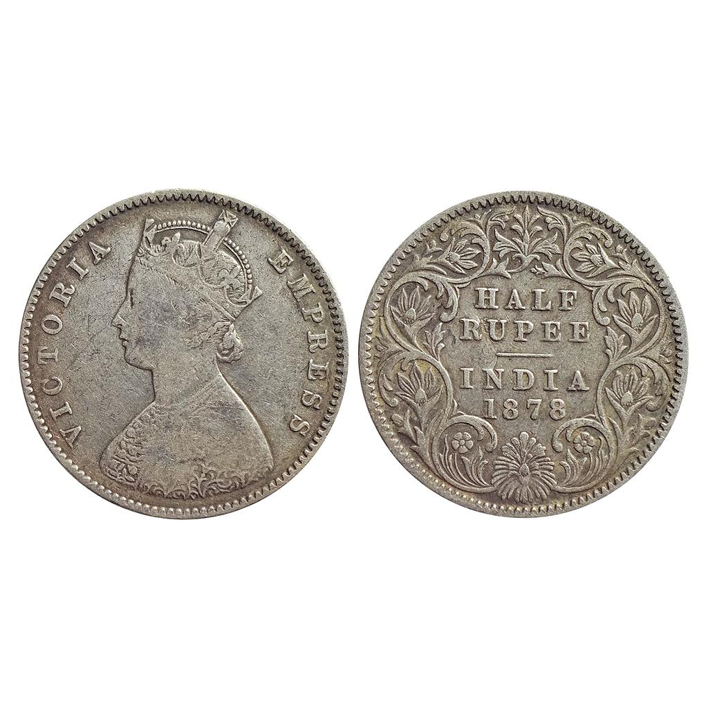 British India, Victoria Empress, 1878 AD, Calcutta Mint, A / I / No mint mark,  Silver &quot;1/2 Rupee&quot;