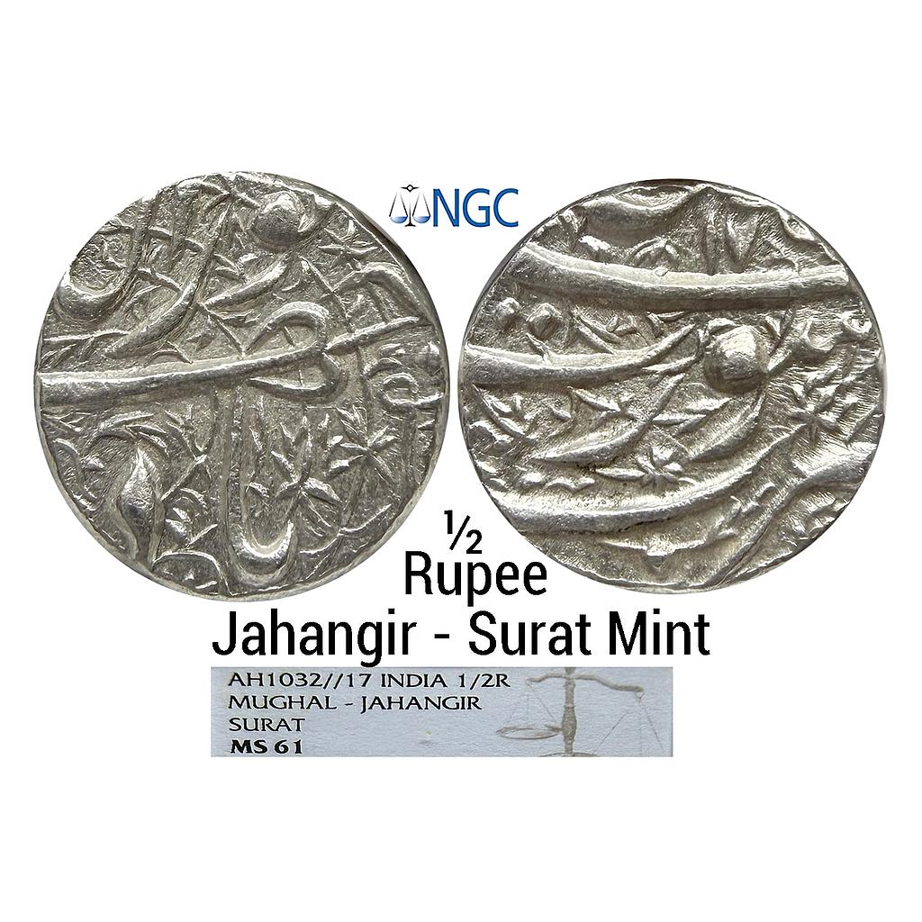 Mughal Jahangir Surat Mint Silver 1/2 Rupee