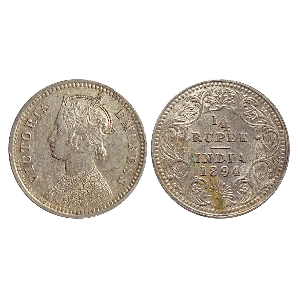 British India, Victoria Empress, 1894 AD, Calcutta Mint, C / II / C incuse, Silver &quot;1/4 Rupee&quot;