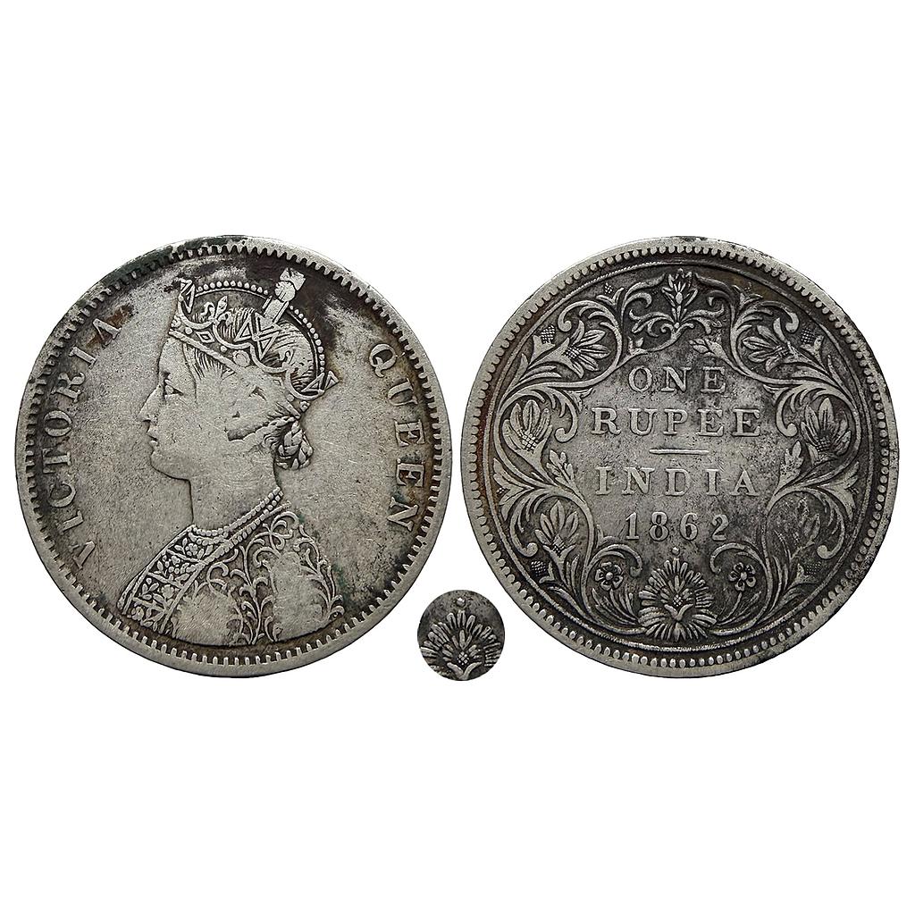 British India Victoria Queen 1862 AD Bombay Mint A / II / 0 / 1 Silver Rupee